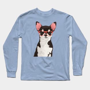 Hipster Black and White Coat Chihuahua T-Shirt Long Sleeve T-Shirt